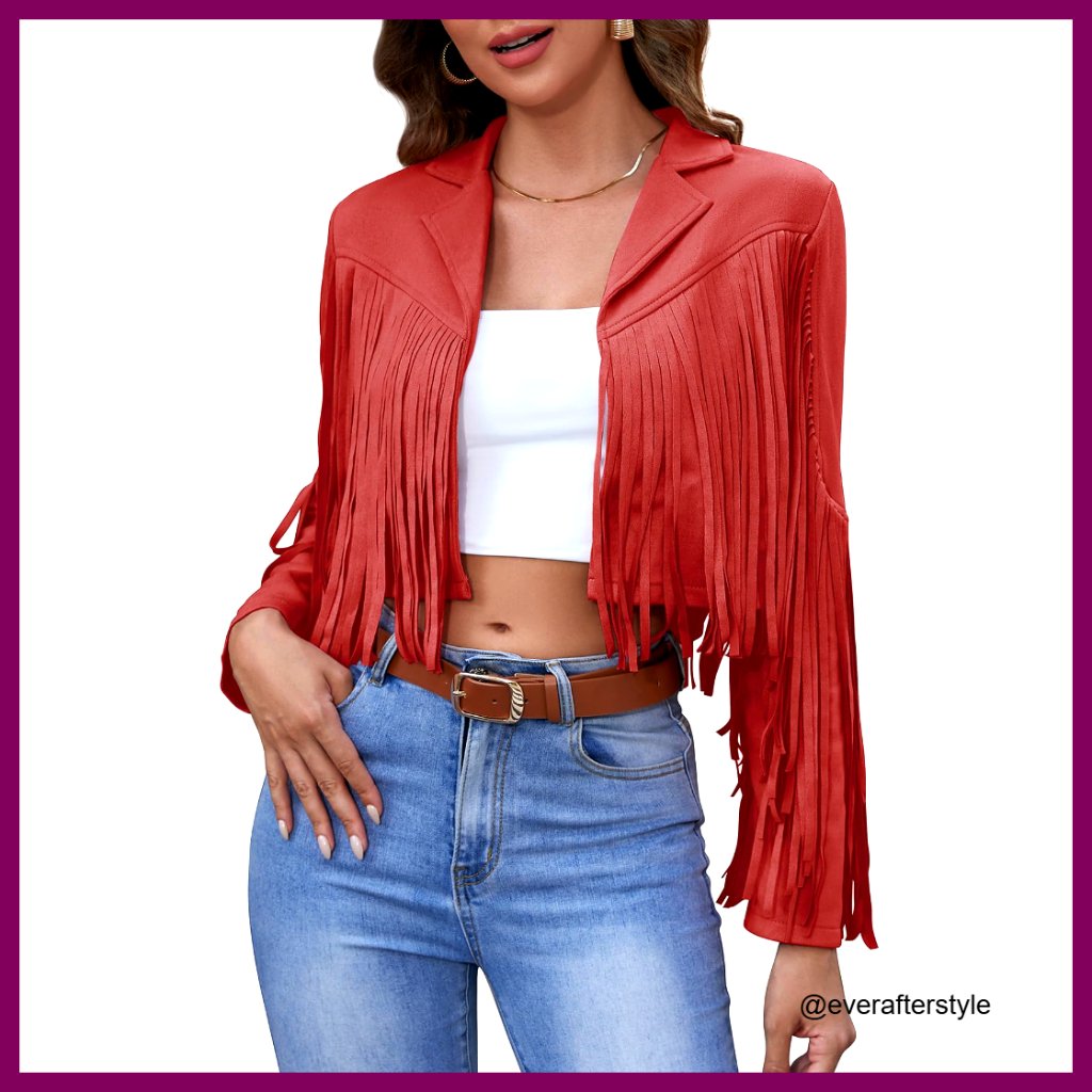 Faux Leather Cropped Jacket Fringe Tassel Y2k Western Chic Casual Motorcycle